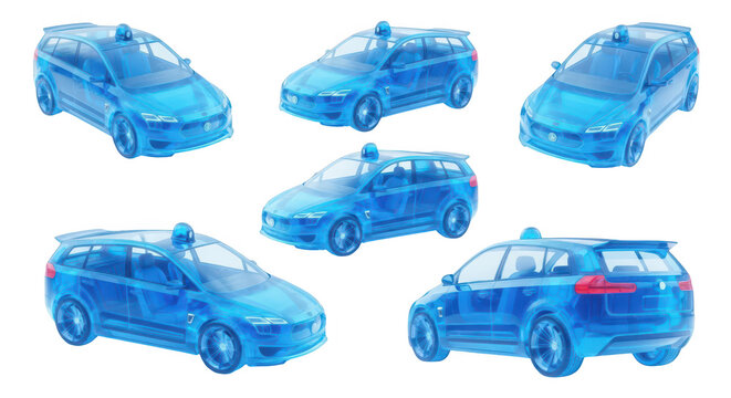 Blue transparent cars rotate showcasing digital automotive technology against a clean white backdrop suitable for concept design visualization