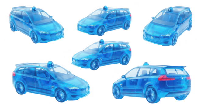 Blue transparent cars rotate showcasing digital automotive technology against a clean white backdrop suitable for concept design visualization