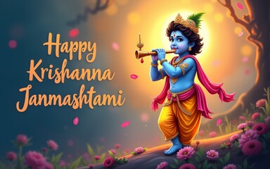 Happy krishna janmashtami social media banner with flute and makhan matki. High quality