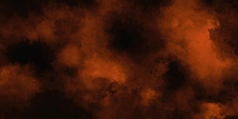 Abstract black background with Orange smokes. Orange powder explosion on black background. Dark brown stained grungy background. Red fire particle burn effect. Grungy dark canvas background.