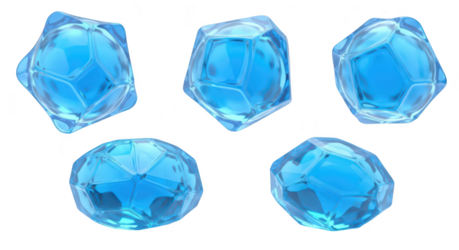 Five abstract blue crystal ice cube shapes floating against a white backdrop possibly for a refreshing beverage illustration or design
