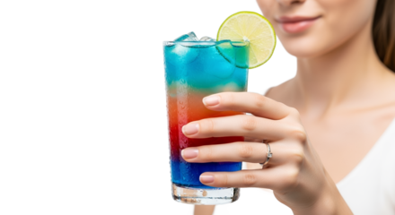 Layered Cocktail Drink in Glass Womans Hand Summer Refreshment