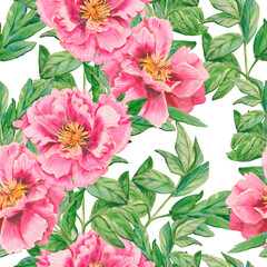 Obraz premium Watercolor peony pink flower. Seamless floral pattern with peonies on white background. Template design for greeting cards, wedding invitation, wedding design, textiles, interior, clothes, wallpaper