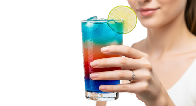 Layered Cocktail Drink in Glass Womans Hand Summer Refreshment