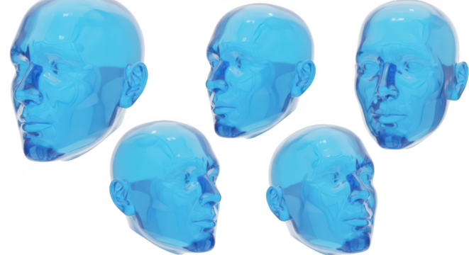 Multiple light blue translucent human heads in various views isolated on a white background used for anatomy design and conceptual purposes