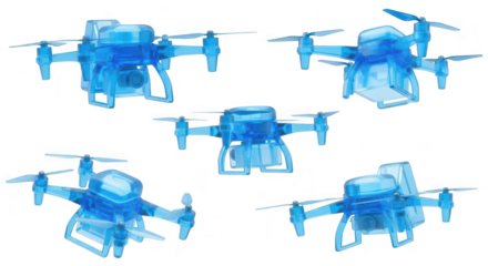 Several transparent blue drones flying isolated against a white background suitable for technological or promotional purposes