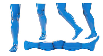 Blue transparent legs in various poses on a white background for medical artistic or advertising use