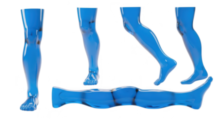 Blue transparent legs in various poses on a white background for medical artistic or advertising use