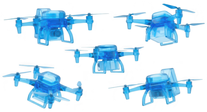 Several transparent blue drones flying isolated against a white background suitable for technological or promotional purposes