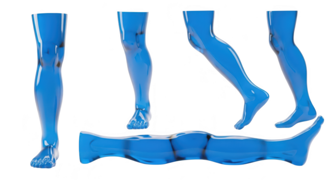 Blue transparent legs in various poses on a white background for medical artistic or advertising use - Powered by Adobe