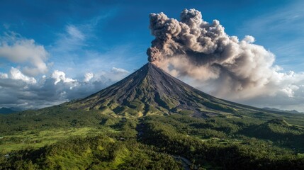 A dramatic volcanic eruption over a lush landscape.