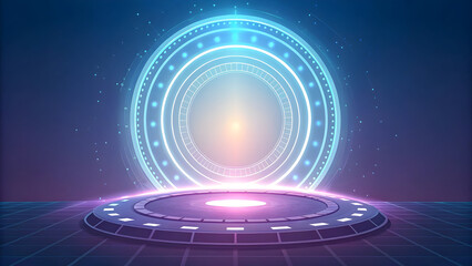 Futuristic Neon Circular Stage with Glowing Podium and Grid Floor technology background new latest web ai background futuristic hud cyber security neural network data tech download ai background