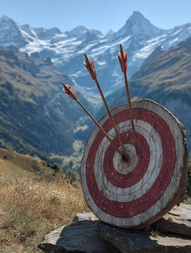 A medieval archery target with three arrows stuck