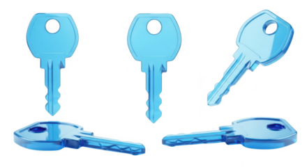 Several translucent blue keys float on white with a blurred background used for concepts of access security and unlocking