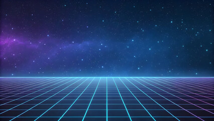 Neon Grid Floor Extending into a Starry Nebula Sky image photo technology background new latest web ai background futuristic hud cyber security neural network data tech download ai background