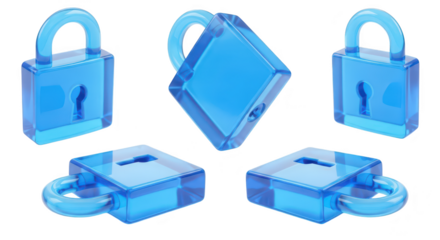 Transparent blue glass padlocks in various positions concept on white representing security protection data privacy