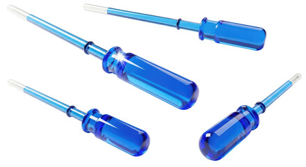 Five blue screwdrivers arranged on a white surface angled with shallow depth of field used for construction or repair