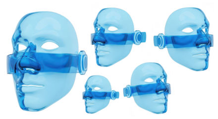 Transparent blue face masks arranged on white symbolizing technology security futuristic concepts or healthcare