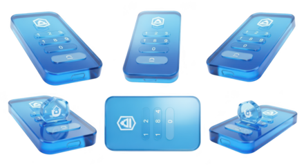 Blue futuristic phone with keypad interface unlocking data security against white background Illustrative