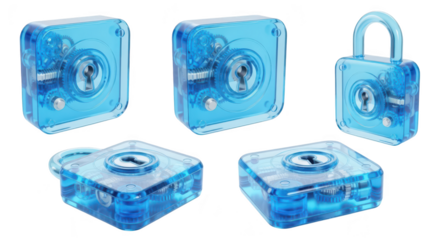 Transparent blue padlocks showcasing internal mechanisms against a clean white backdrop emphasizing security & accessibility