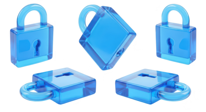 Transparent blue glass padlocks in various positions concept on white representing security protection data privacy