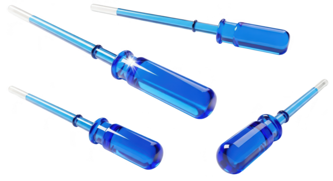 Five blue screwdrivers arranged on a white surface angled with shallow depth of field used for construction or repair