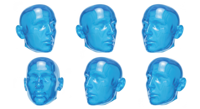 Blue 3D human head models in multiple views on a white background ideal for medical tech or design illustrations