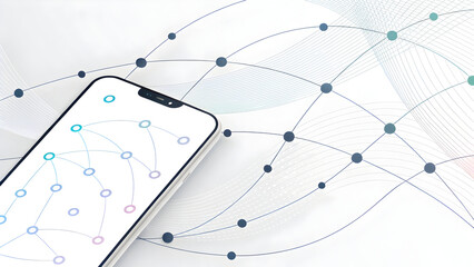 Smartphone displaying a network graph with connected nodes on a white background technology new latest web ai background futuristic hud cyber security neural network data tech download ai background
