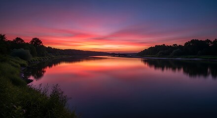 Fototapeta premium Spectacular sunset reflecting over tranquil river waters with lush vegetation and horizon