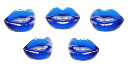 Five stylized blue lips smile playfully on a clean white surface with a blurred bright background ideal for beauty and cosmetic concepts