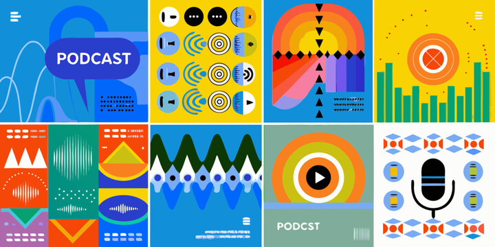 Abstract collection of podcast related graphics and icons