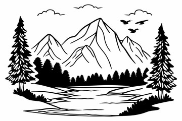 Fototapeta premium Scenic vector line drawing of mountains, river, trees, and birds, hand-drawn style, detailed outline, calm and relaxing composition for coloring pages