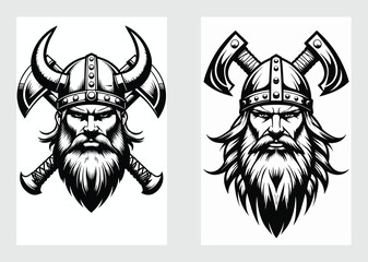 Bearded Viking Face with Battle Helmet and Cross Axes in Warrior Vector Art

