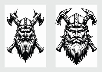 Angry Viking Warrior Head with Bearded Face and Crossed Axes Vector Artwork

