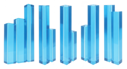 3D blue glass bar graphs rise showing data against white backdrop suitable for business or financial visuals
