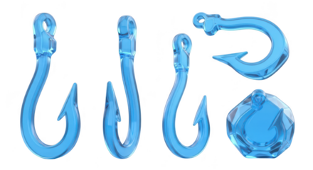 Transparent blue fishing hooks in various angles on a plain white background showing their form and details for product design concepts and advertising