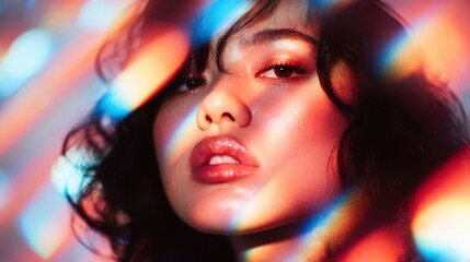 Fototapeta premium A stunning portrait of a woman, illuminated by dazzling light reflections that create a captivating play of colors, showcasing her beauty and evoking deep emotions.