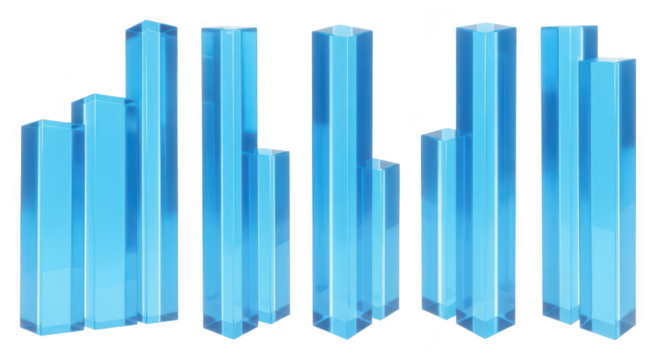 3D blue glass bar graphs rise showing data against white backdrop suitable for business or financial visuals