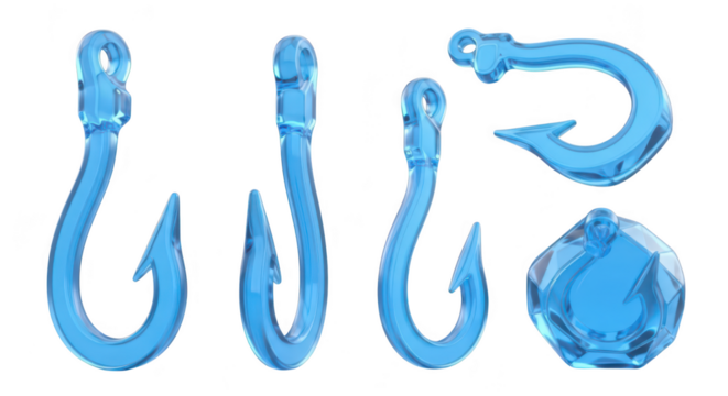 Transparent blue fishing hooks in various angles on a plain white background showing their form and details for product design concepts and advertising - Powered by Adobe