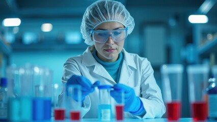 woman in protective medical gear conducting scientific experiment with red liquid test tubes