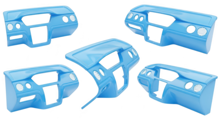 Light blue car dashboards on white background arranged in a group demonstrating vehicle interior parts for automotive design