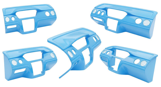 Light blue car dashboards on white background arranged in a group demonstrating vehicle interior parts for automotive design