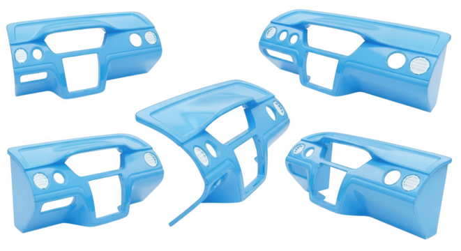 Light blue car dashboards on white background arranged in a group demonstrating vehicle interior parts for automotive design