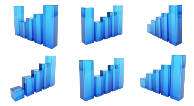Six blue 3D bar graphs rise incrementally isolated on white representing growth statistics or business performance