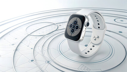 White smart watch with a circular display on a white background with abstract geometric new latest web ai background futuristic hud cyber security neural network data tech download ai background