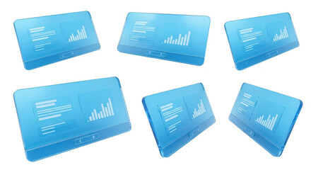 Several transparent tablets display charts against a white background illustrating data analysis or presentation applications