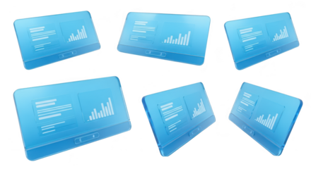 Several transparent tablets display charts against a white background illustrating data analysis or presentation applications