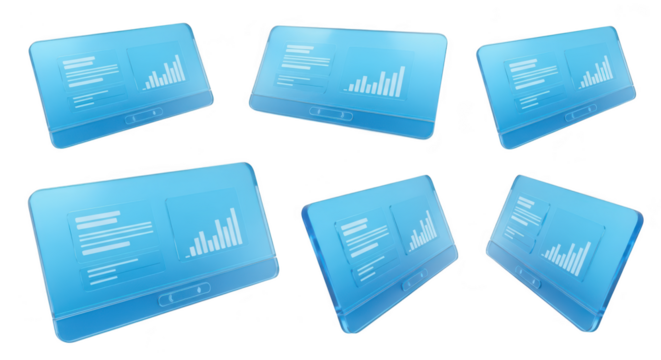 Several transparent tablets display charts against a white background illustrating data analysis or presentation applications