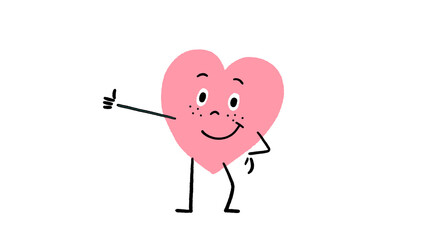 Cute Pink Heart Hand-Drawn Character Thumbs Up - video also available