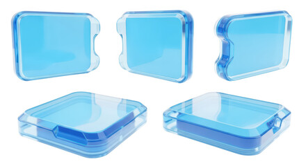 Multiple transparent blue technology interface elements displayed on a white surface showcasing design options for digital user interface